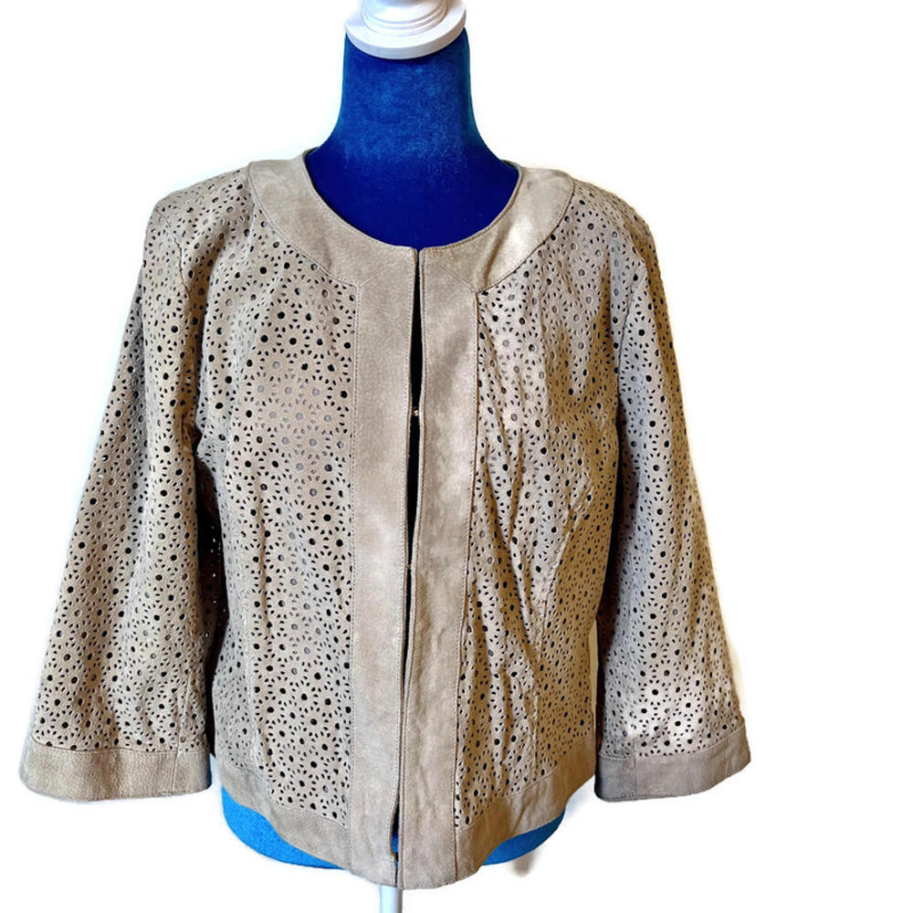 Isaac Mizrahi Perforated Lace 100% Suede Leather Jacket 12